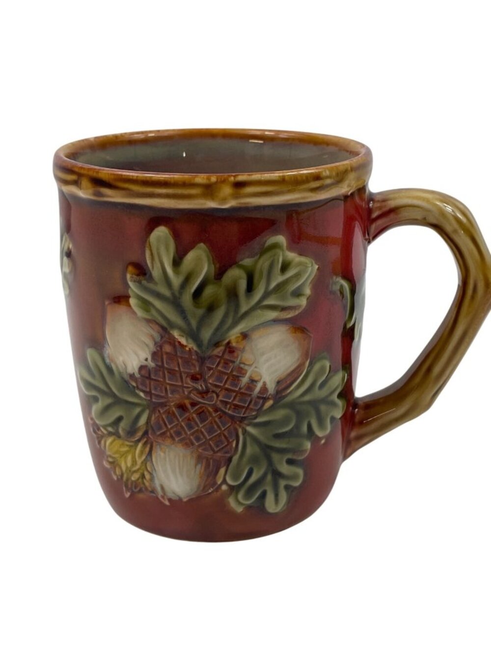 Hand-Painted Red Ceramic Mug Embossed Acorn & Leaf Design Themed Coffee Cup